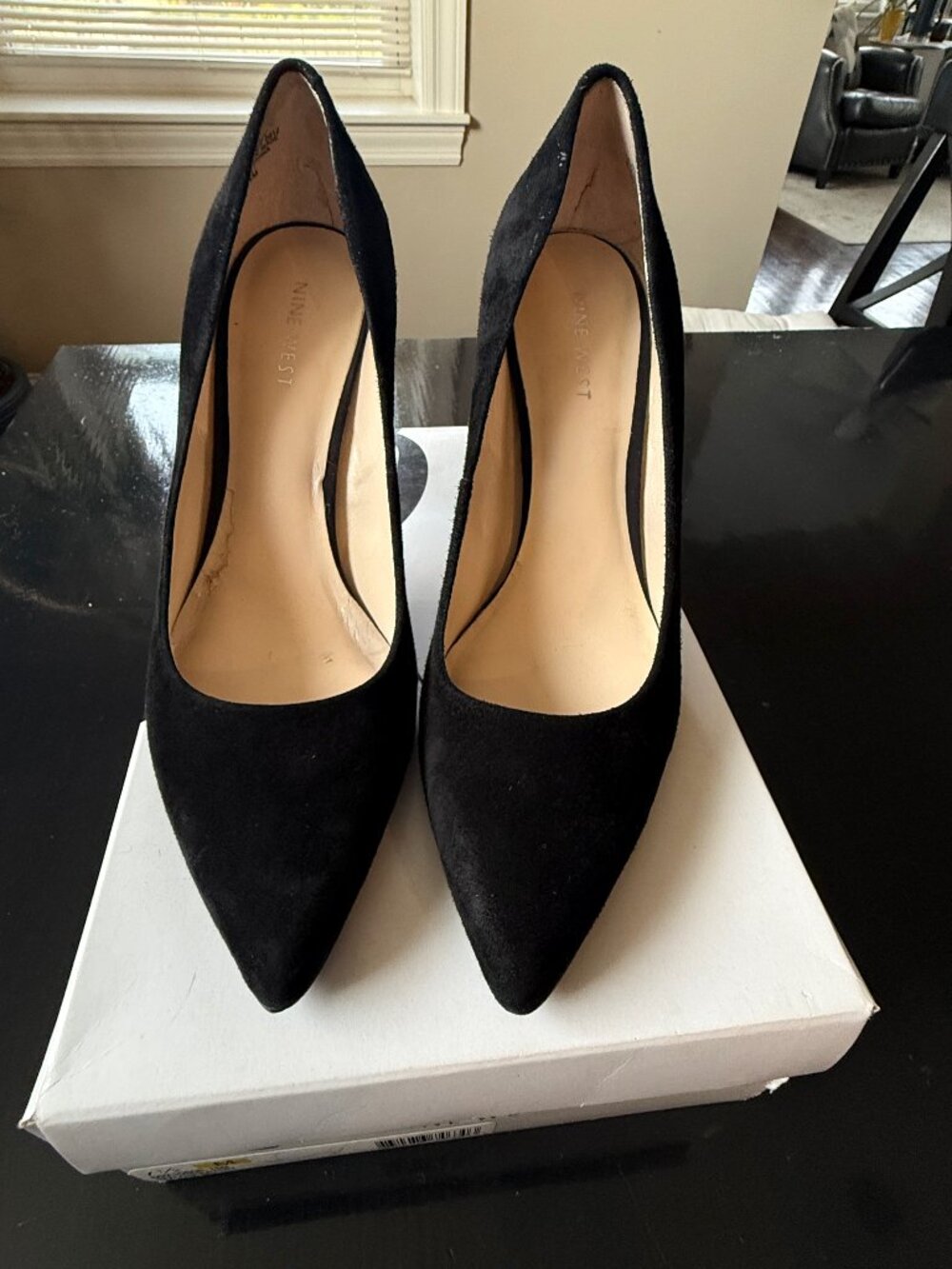 Nine West Black Suede Pumps with Gold Metallic Heels – Size 7.5
